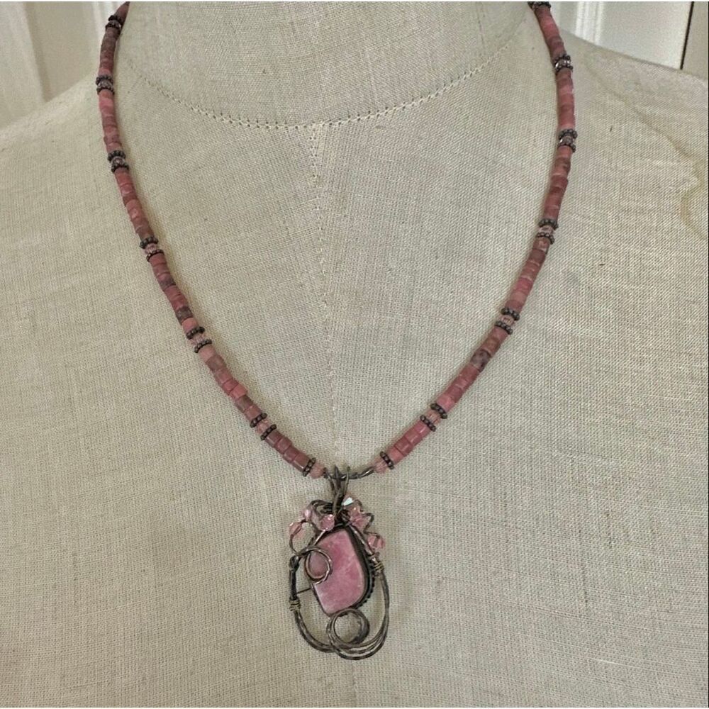 Vintage Rhodochrosite Sterling Silver Artisan Pendant Necklace Swarovski Crystal